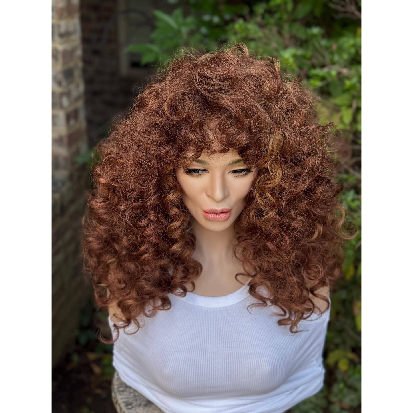 FRANCESCA Cowboy Copper Brown Blonde Highlights Wig, Lightweight Full Cap, Heat Safe Glueless Unit with Curly Bangs