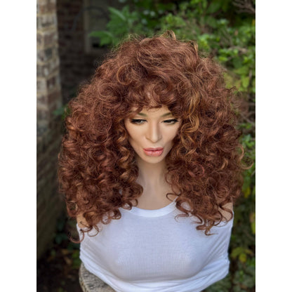 FRANCESCA Cowboy Copper Brown Blonde Highlights Wig, Lightweight Full Cap, Heat Safe Glueless Unit with Curly Bangs