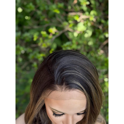 Brown Champagne Blonde Balayage Side Part Soft Curls Human Hair Blend Lace Wig
