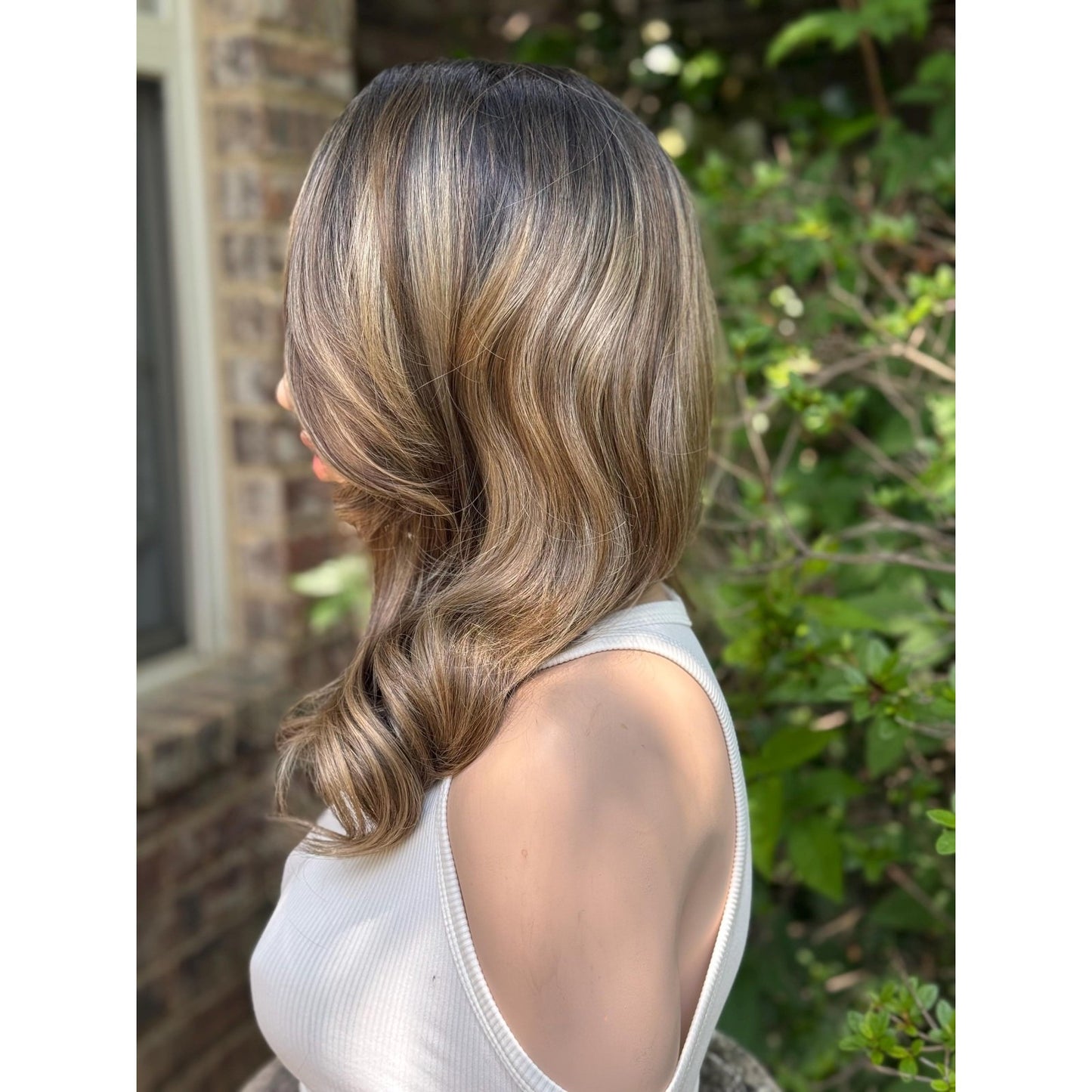 Brown Champagne Blonde Balayage Side Part Soft Curls Human Hair Blend Lace Wig