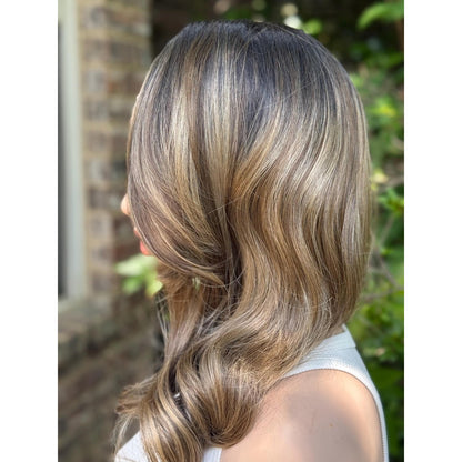 Brown Champagne Blonde Balayage Side Part Soft Curls Human Hair Blend Lace Wig