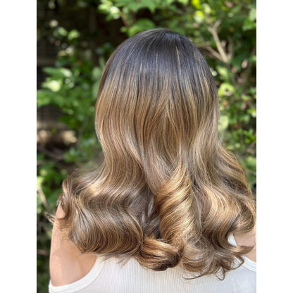 Brown Champagne Blonde Balayage Side Part Soft Curls Human Hair Blend Lace Wig