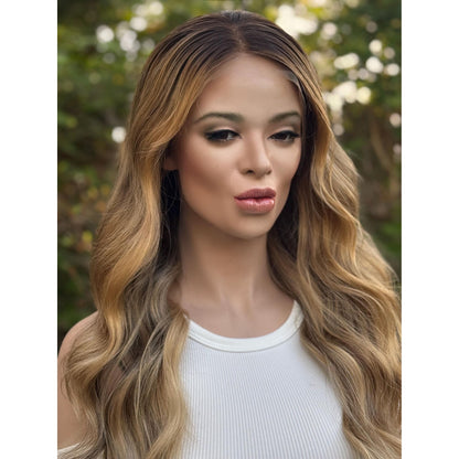 PASADENA Human Hair Hazelnut Blonde Balayage Wig | HD Invisible Transparent Lace Front | 18" | Natural Density, Custom Made To Order