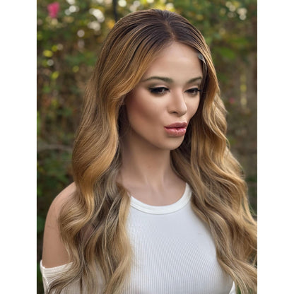 PASADENA Human Hair Hazelnut Blonde Balayage Wig | HD Invisible Transparent Lace Front | 18" | Natural Density, Custom Made To Order