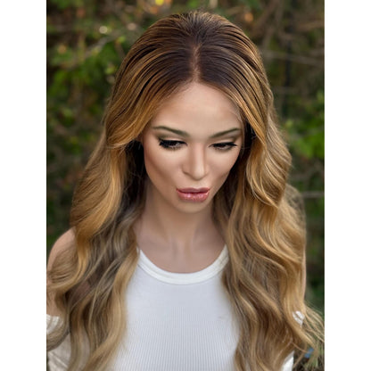 PASADENA Human Hair Hazelnut Blonde Balayage Wig | HD Invisible Transparent Lace Front | 18" | Natural Density, Custom Made To Order