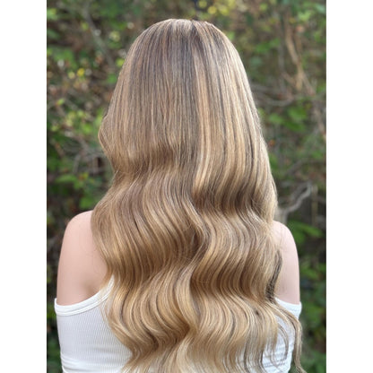PASADENA Human Hair Hazelnut Blonde Balayage Wig | HD Invisible Transparent Lace Front | 18" | Natural Density, Custom Made To Order