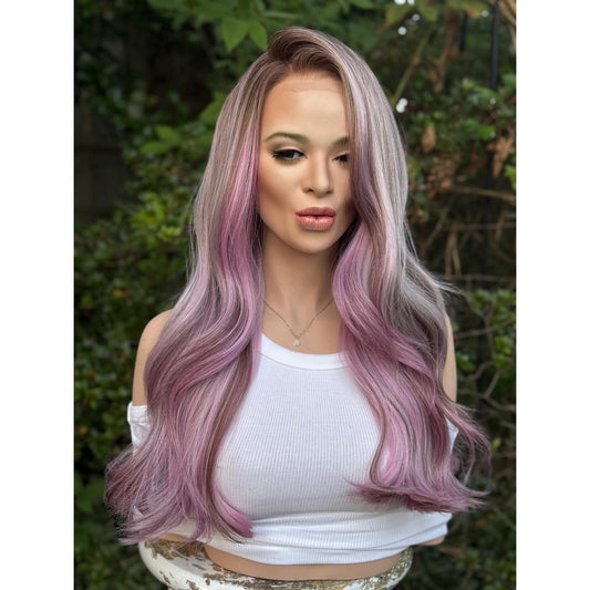 Ash Purple Lavender  Soft Waves Human Hair Blend Lace Front Wig Hand-Tied Lace