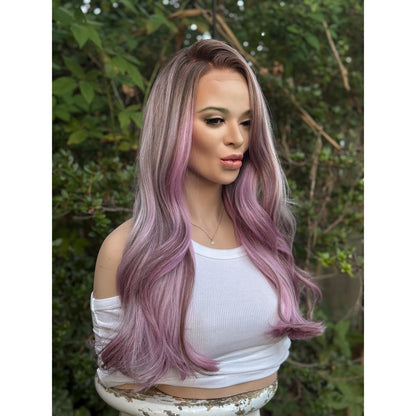 Ash Purple Lavender  Soft Waves Human Hair Blend Lace Front Wig Hand-Tied Lace