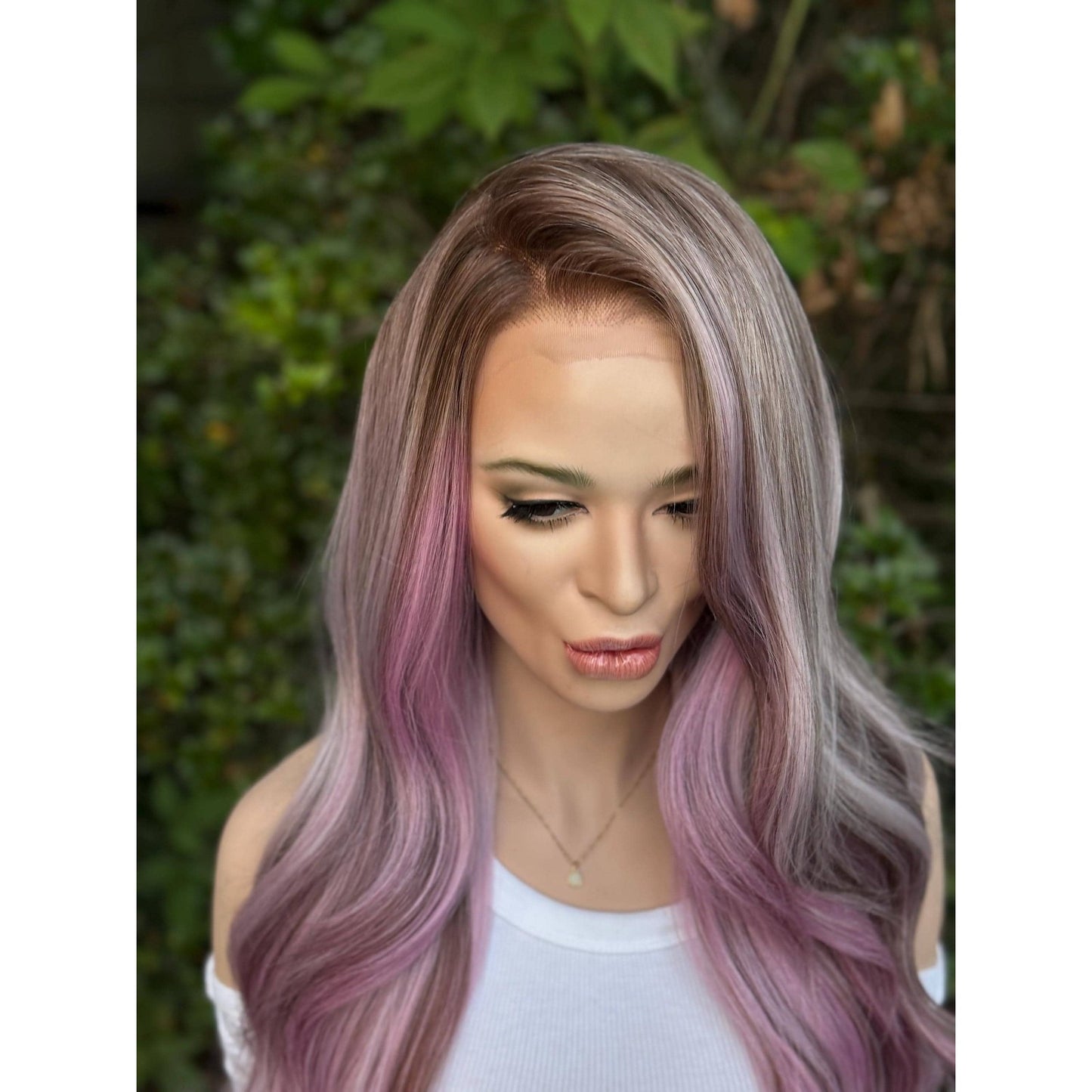 Ash Purple Lavender  Soft Waves Human Hair Blend Lace Front Wig Hand-Tied Lace