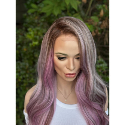 Ash Purple Lavender  Soft Waves Human Hair Blend Lace Front Wig Hand-Tied Lace