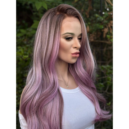 Ash Purple Lavender  Soft Waves Human Hair Blend Lace Front Wig Hand-Tied Lace