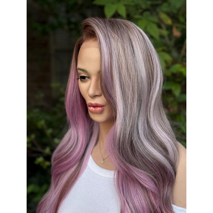 Ash Purple Lavender  Soft Waves Human Hair Blend Lace Front Wig Hand-Tied Lace