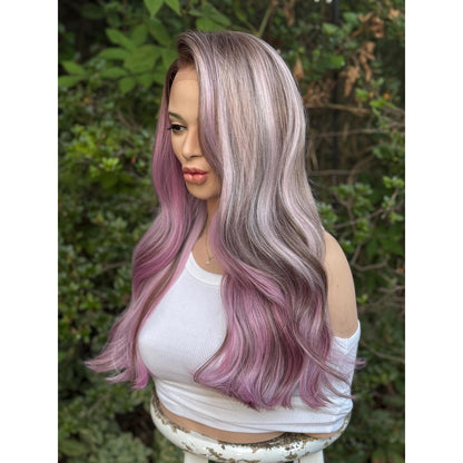 Ash Purple Lavender  Soft Waves Human Hair Blend Lace Front Wig Hand-Tied Lace
