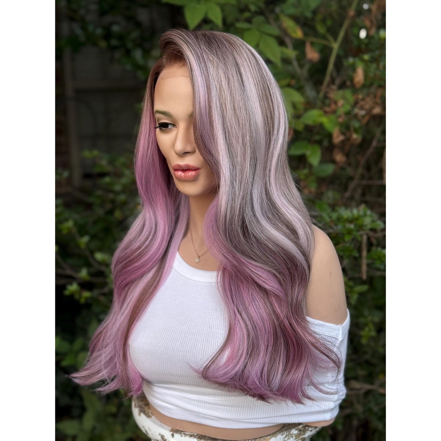 Ash Purple Lavender  Soft Waves Human Hair Blend Lace Front Wig Hand-Tied Lace