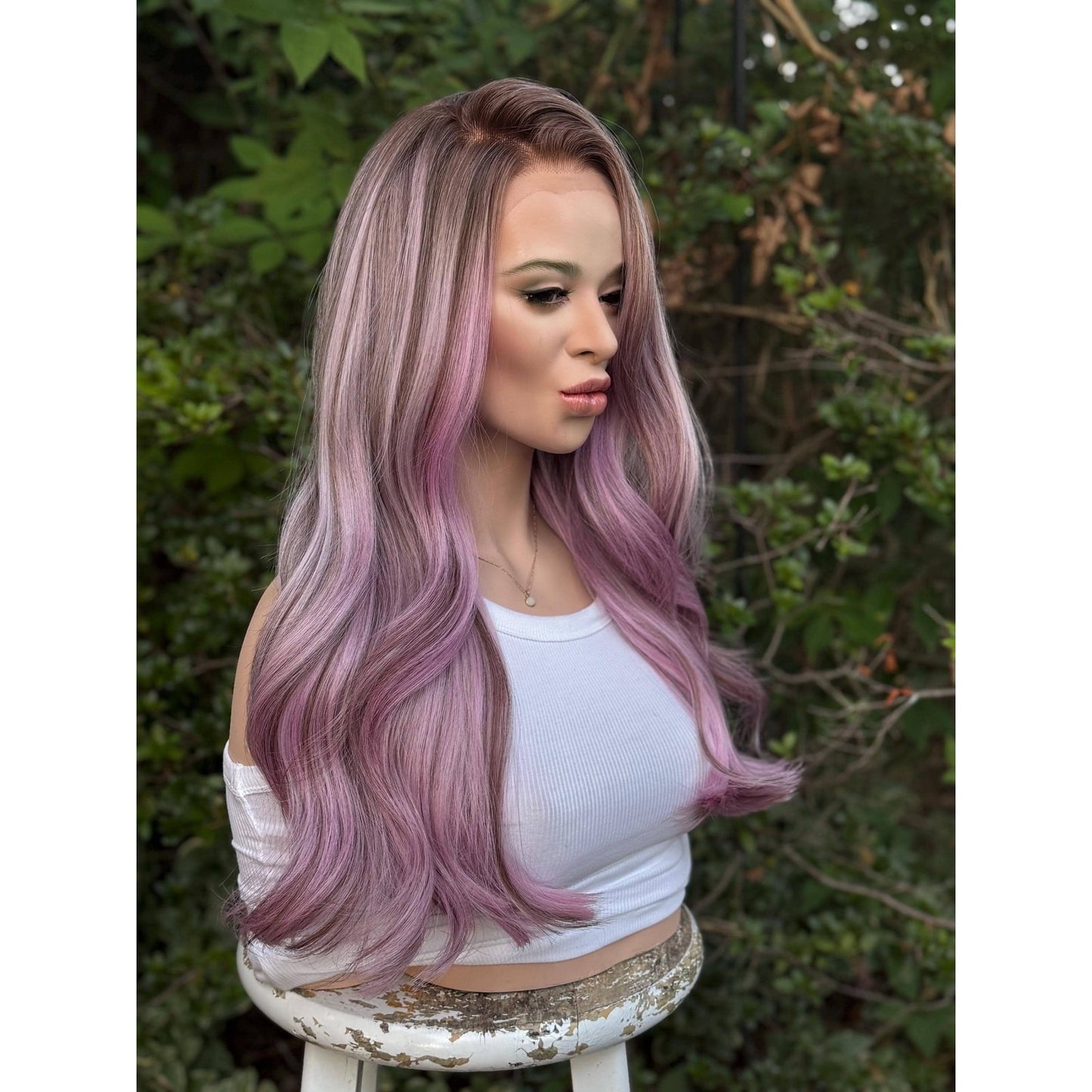 Ash Purple Lavender  Soft Waves Human Hair Blend Lace Front Wig Hand-Tied Lace