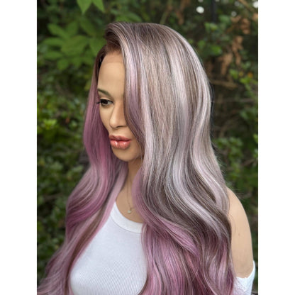 Ash Purple Lavender  Soft Waves Human Hair Blend Lace Front Wig Hand-Tied Lace