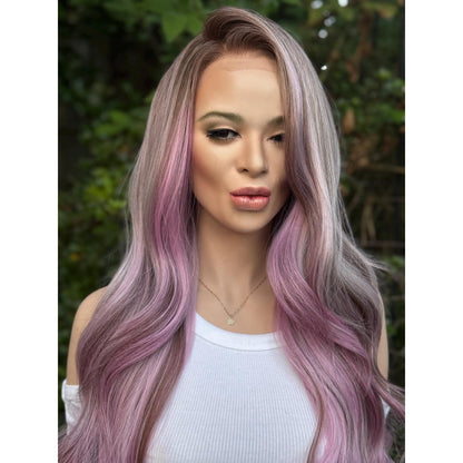 Ash Purple Lavender  Soft Waves Human Hair Blend Lace Front Wig Hand-Tied Lace