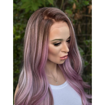 Ash Purple Lavender  Soft Waves Human Hair Blend Lace Front Wig Hand-Tied Lace