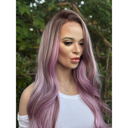 Ash Purple Lavender  Soft Waves Human Hair Blend Lace Front Wig Hand-Tied Lace