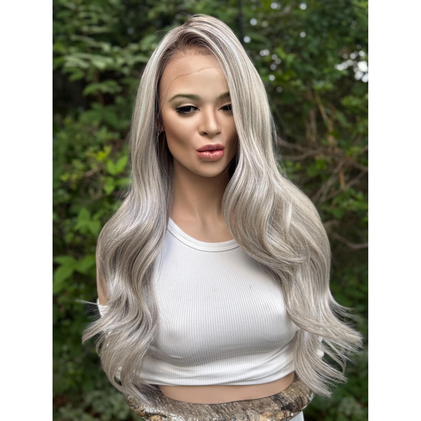 MINERVA Ashy Silver Blonde Smoke & Mirrors Balayage Wig, Lace Front, 13x4 Hand-Tied, Human Hair Blend