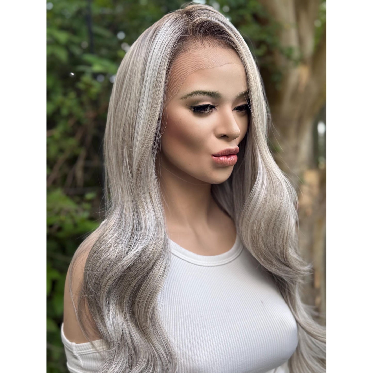 MINERVA Ashy Silver Blonde Smoke & Mirrors Balayage Wig, Lace Front, 13x4 Hand-Tied, Human Hair Blend