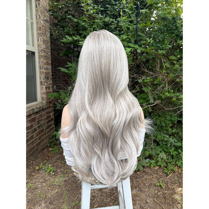 MINERVA Ashy Silver Blonde Smoke & Mirrors Balayage Wig, Lace Front, 13x4 Hand-Tied, Human Hair Blend