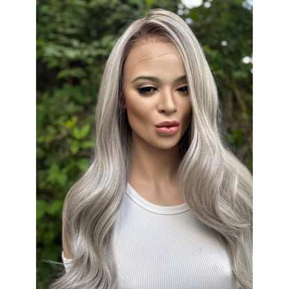 MINERVA Ashy Silver Blonde Smoke & Mirrors Balayage Wig, Lace Front, 13x4 Hand-Tied, Human Hair Blend
