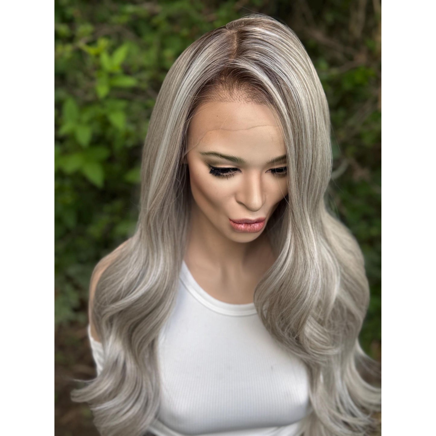 MINERVA Ashy Silver Blonde Smoke & Mirrors Balayage Wig, Lace Front, 13x4 Hand-Tied, Human Hair Blend