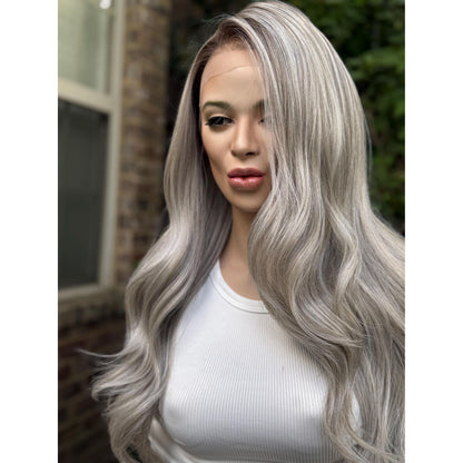 MINERVA Ashy Silver Blonde Smoke & Mirrors Balayage Wig, Lace Front, 13x4 Hand-Tied, Human Hair Blend