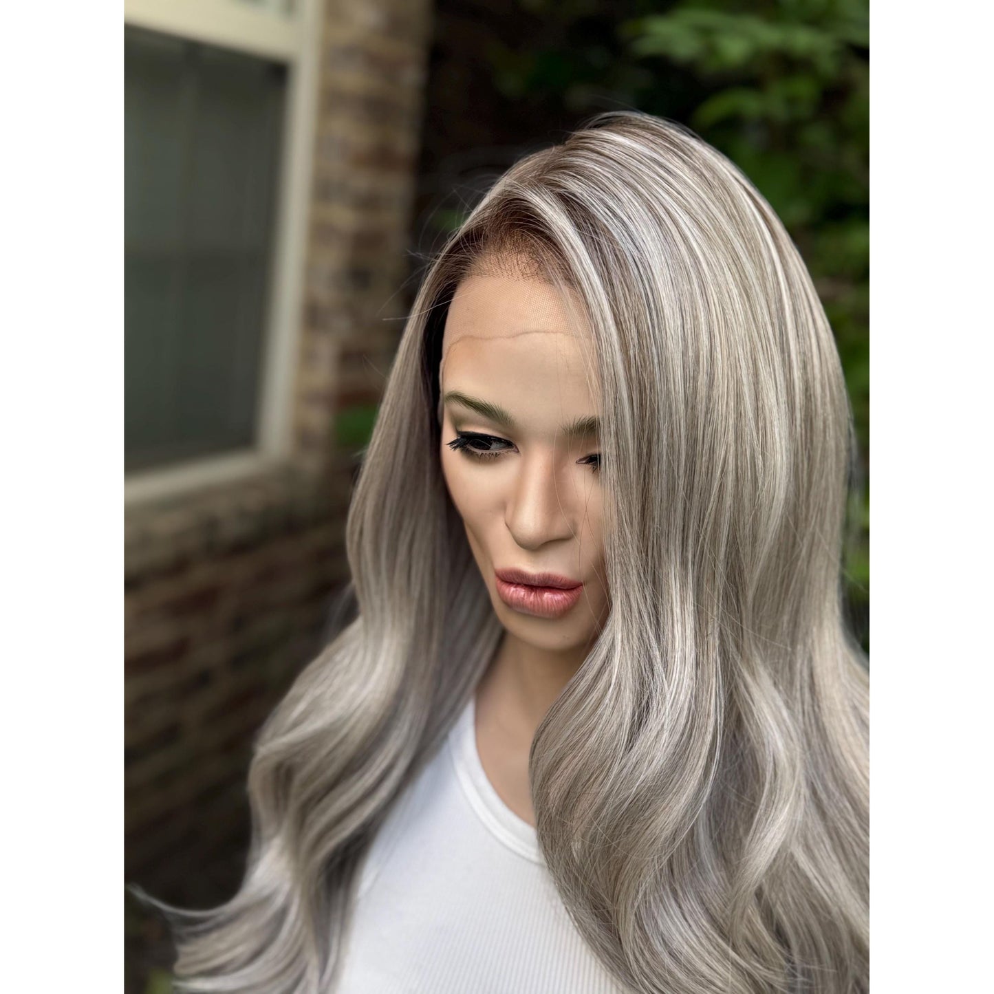 MINERVA Ashy Silver Blonde Smoke & Mirrors Balayage Wig, Lace Front, 13x4 Hand-Tied, Human Hair Blend