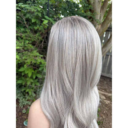 MINERVA Ashy Silver Blonde Smoke & Mirrors Balayage Wig, Lace Front, 13x4 Hand-Tied, Human Hair Blend