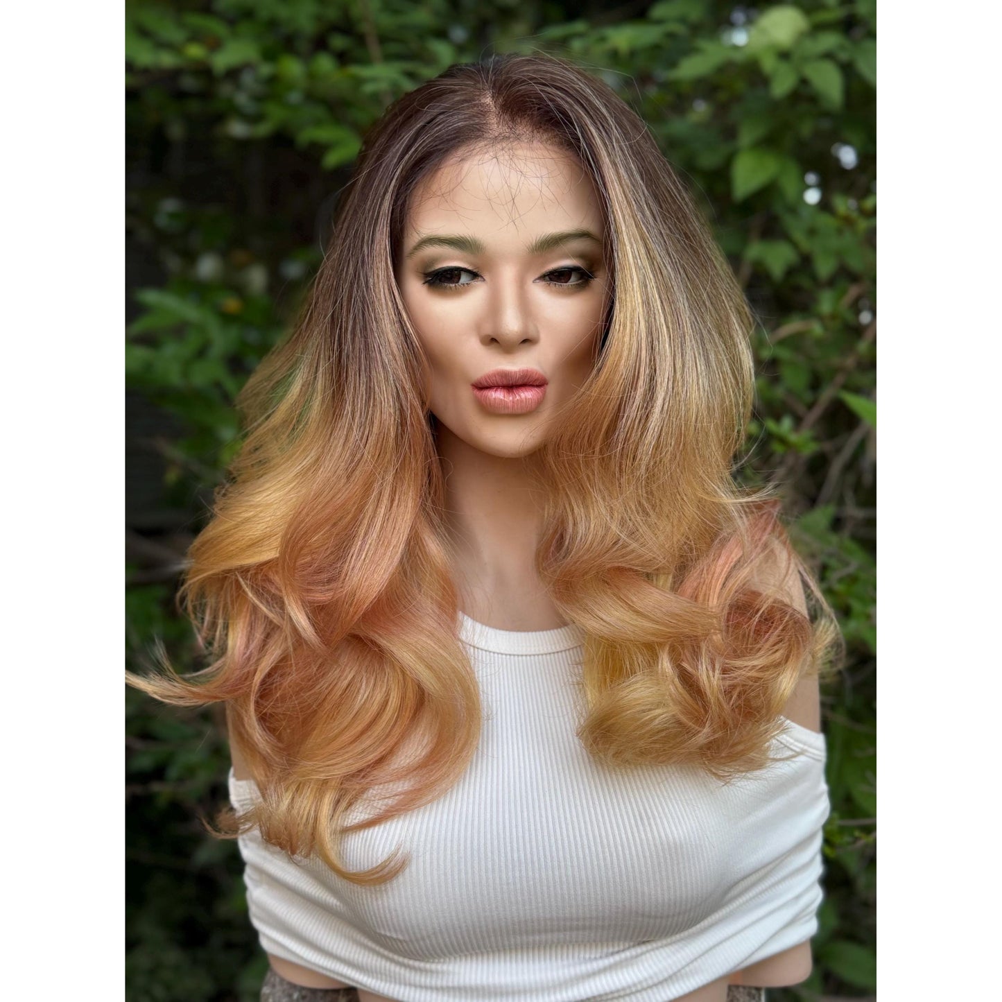 MARIGOLD Golden Blonde Pink Balayage Wavy Human Hair Wig, 16 Inch Lace Front (13x6 Free Part)
