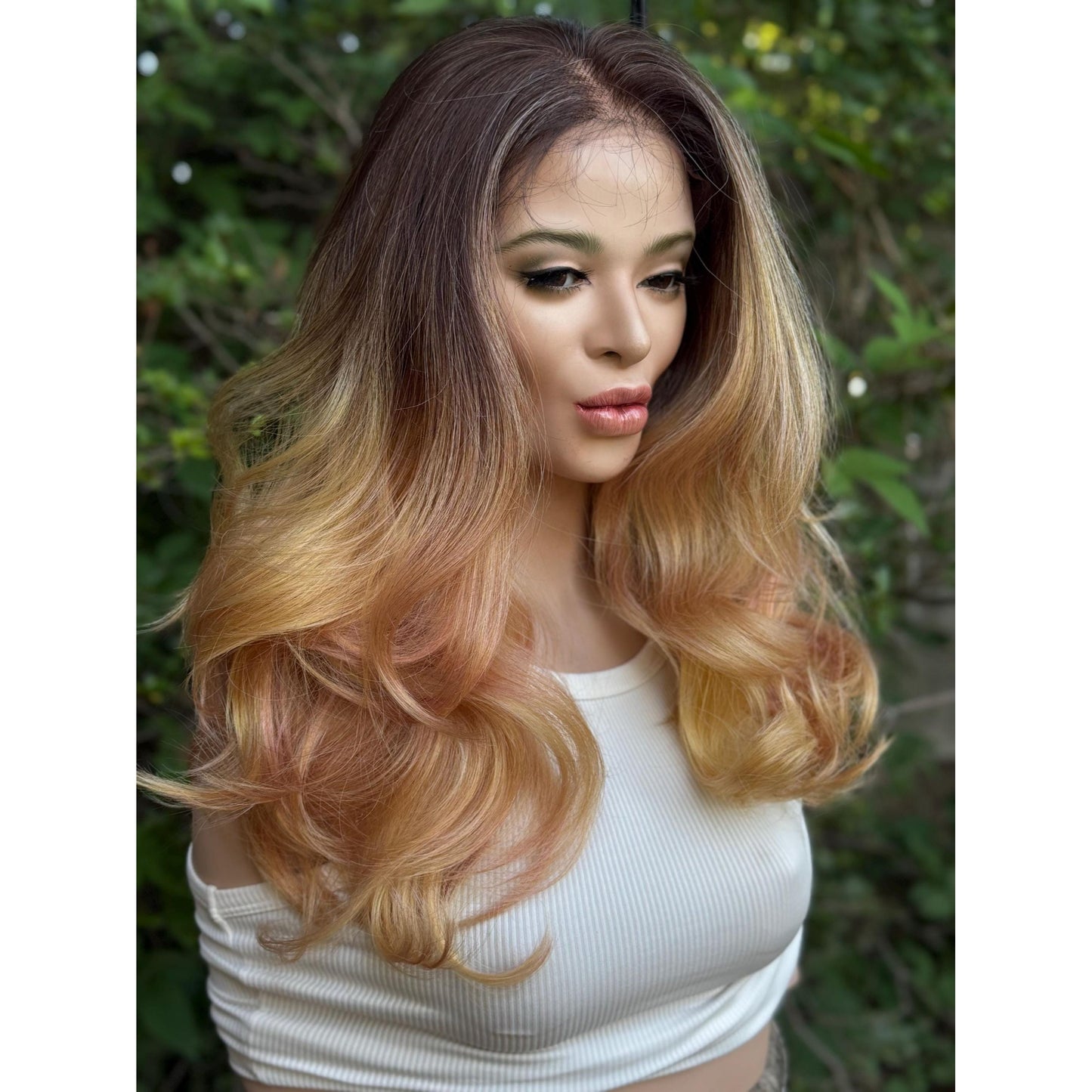 MARIGOLD Golden Blonde Pink Balayage Wavy Human Hair Wig, 16 Inch Lace Front (13x6 Free Part)