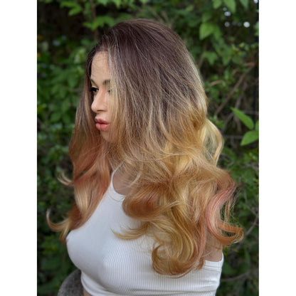 MARIGOLD Golden Blonde Pink Balayage Wavy Human Hair Wig, 16 Inch Lace Front (13x6 Free Part)