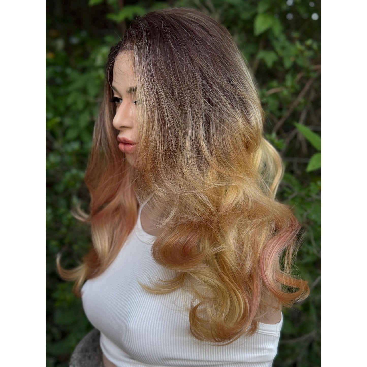 MARIGOLD Golden Blonde Pink Balayage Wavy Human Hair Wig, 16 Inch Lace Front (13x6 Free Part)