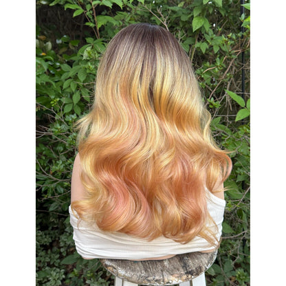 MARIGOLD Golden Blonde Pink Balayage Wavy Human Hair Wig, 16 Inch Lace Front (13x6 Free Part)