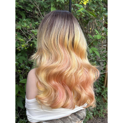 MARIGOLD Golden Blonde Pink Balayage Wavy Human Hair Wig, 16 Inch Lace Front (13x6 Free Part)