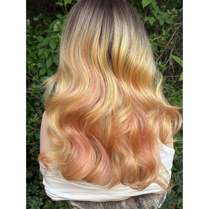 MARIGOLD Golden Blonde Pink Balayage Wavy Human Hair Wig, 16 Inch Lace Front (13x6 Free Part)