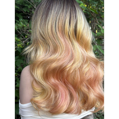MARIGOLD Golden Blonde Pink Balayage Wavy Human Hair Wig, 16 Inch Lace Front (13x6 Free Part)