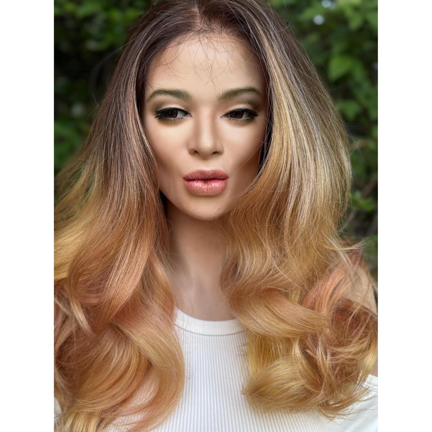 MARIGOLD Golden Blonde Pink Balayage Wavy Human Hair Wig, 16 Inch Lace Front (13x6 Free Part)