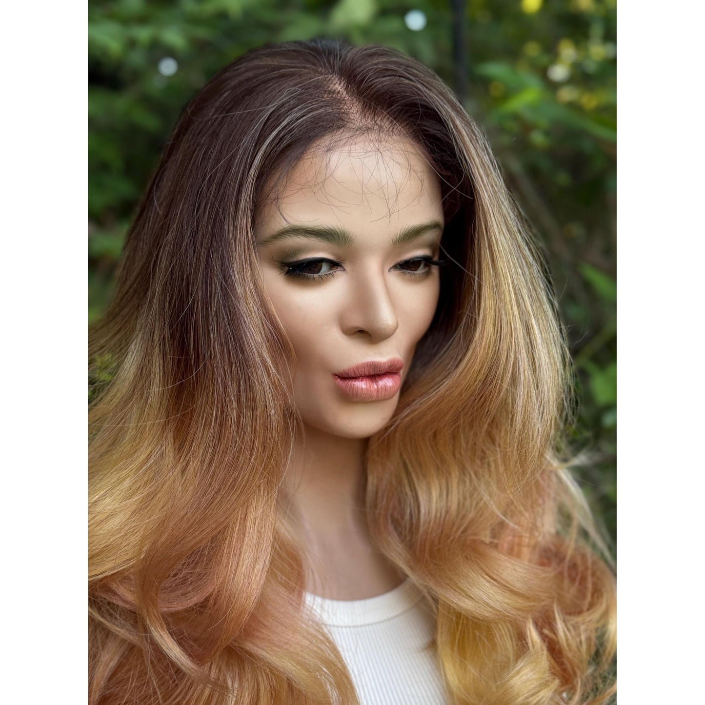 MARIGOLD Golden Blonde Pink Balayage Wavy Human Hair Wig, 16 Inch Lace Front (13x6 Free Part)