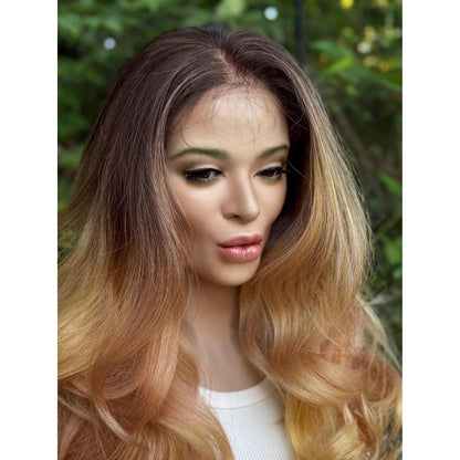 MARIGOLD Golden Blonde Pink Balayage Wavy Human Hair Wig, 16 Inch Lace Front (13x6 Free Part)