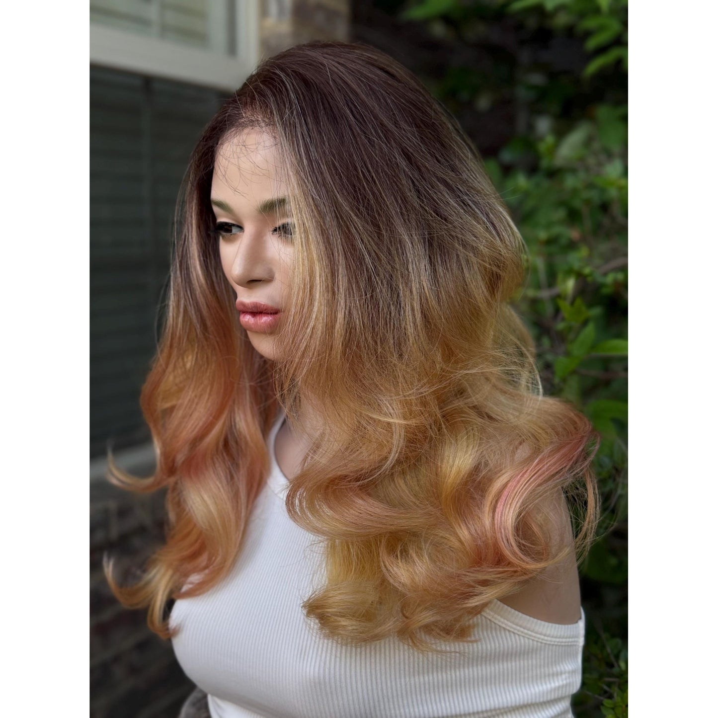 MARIGOLD Golden Blonde Pink Balayage Wavy Human Hair Wig, 16 Inch Lace Front (13x6 Free Part)