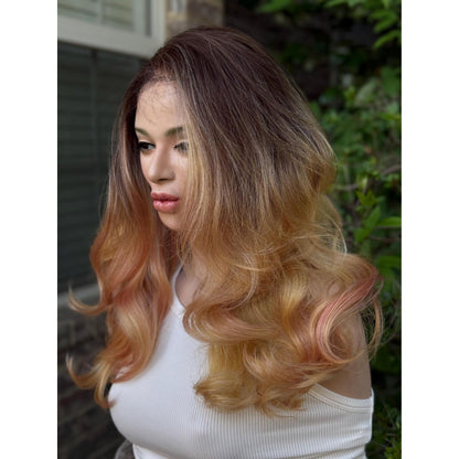 MARIGOLD Golden Blonde Pink Balayage Wavy Human Hair Wig, 16 Inch Lace Front (13x6 Free Part)