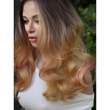 MARIGOLD Golden Blonde Pink Balayage Wavy Human Hair Wig, 16 Inch Lace Front (13x6 Free Part)