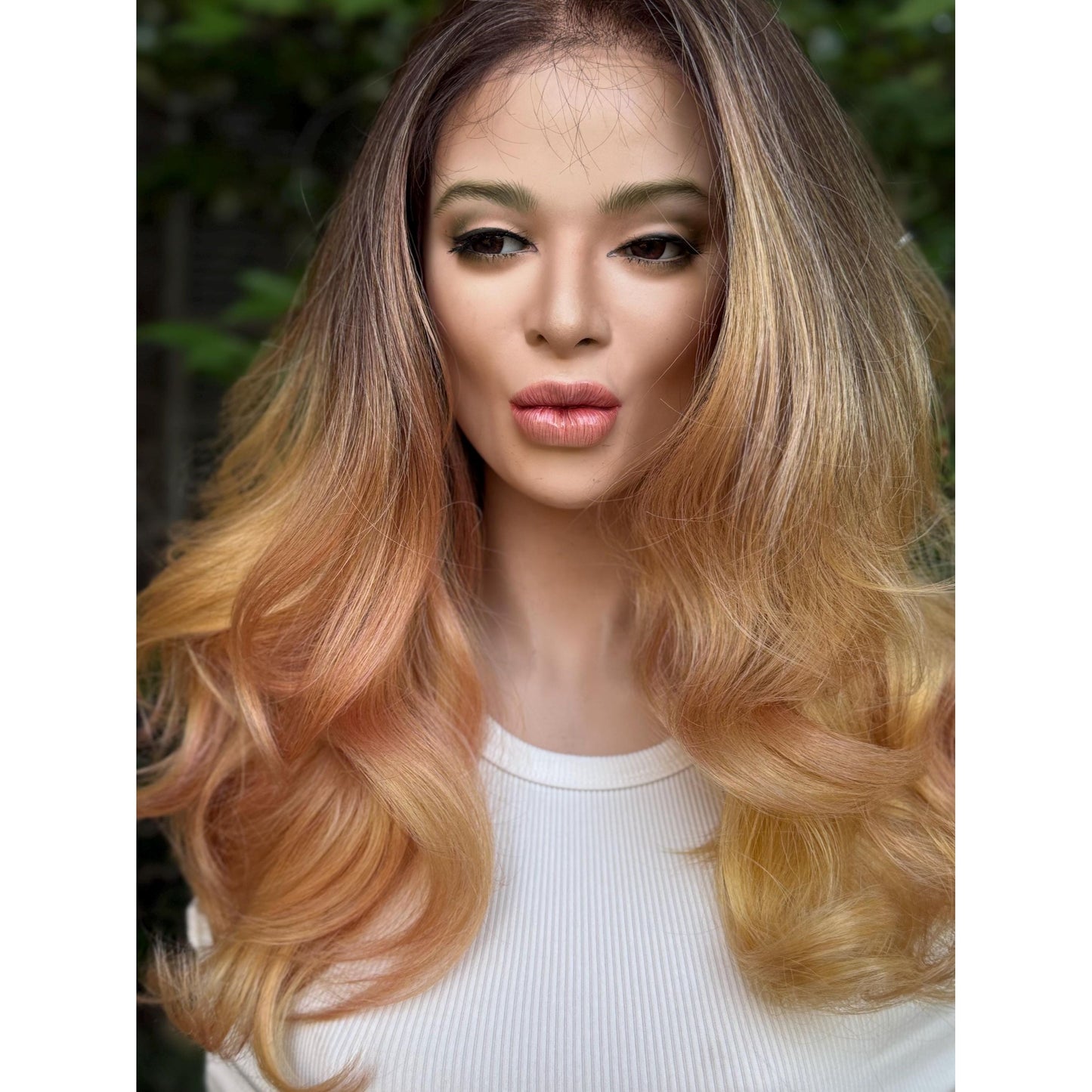 MARIGOLD Golden Blonde Pink Balayage Wavy Human Hair Wig, 16 Inch Lace Front (13x6 Free Part)