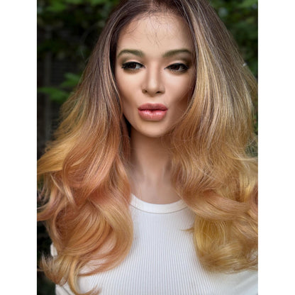 MARIGOLD Golden Blonde Pink Balayage Wavy Human Hair Wig, 16 Inch Lace Front (13x6 Free Part)