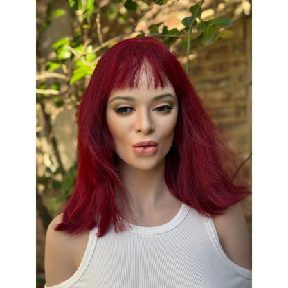 Deep Burgundy Red Choppy Bangs Soft Wave Human Hair Blend Wig Traditional Full Cap