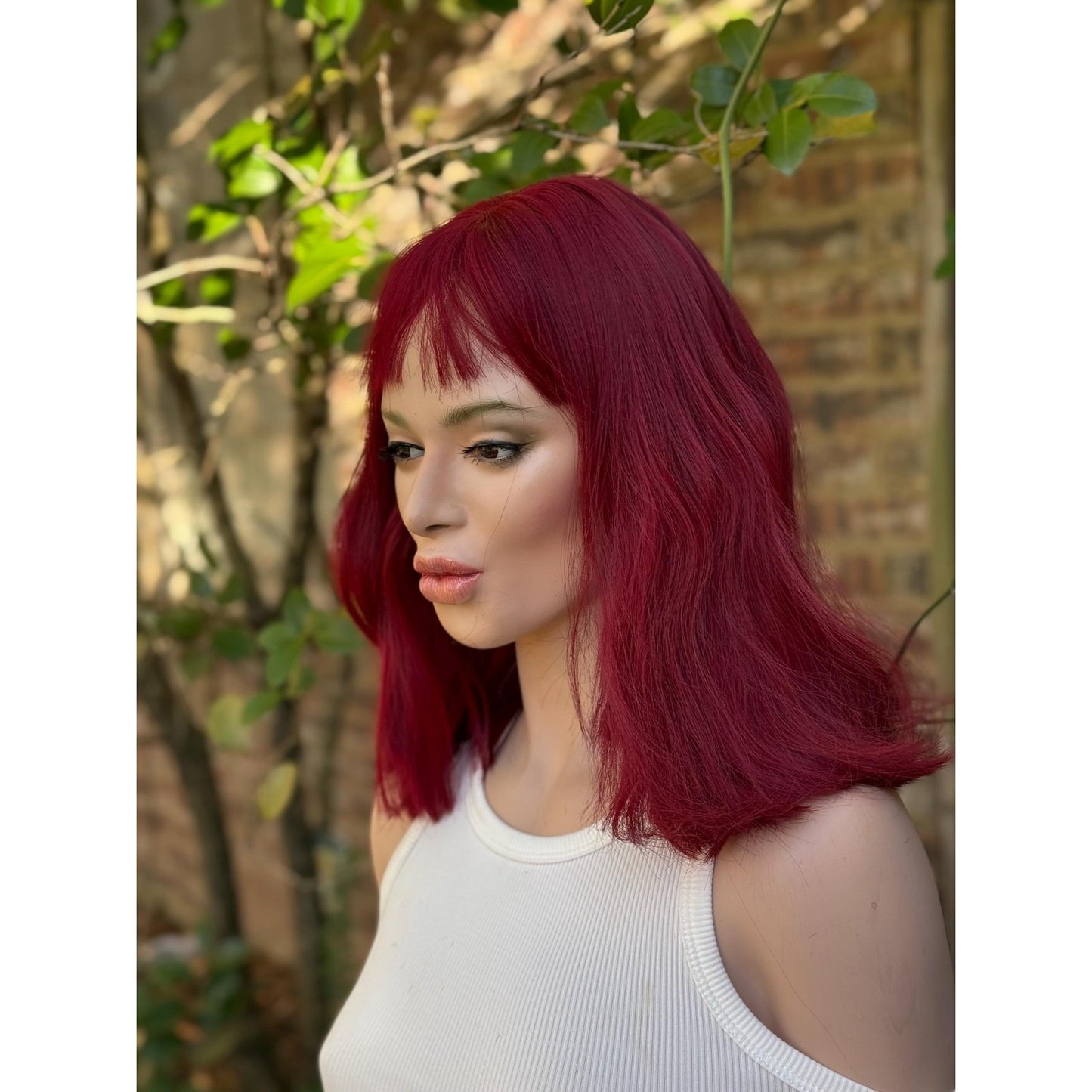 Deep Burgundy Red Choppy Bangs Soft Wave Human Hair Blend Wig Traditional Full Cap