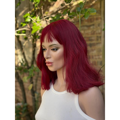 Deep Burgundy Red Choppy Bangs Soft Wave Human Hair Blend Wig Traditional Full Cap
